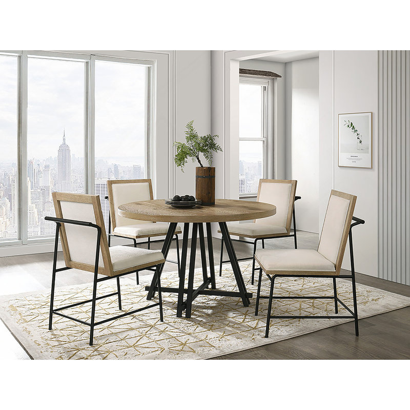 Ensemble de table de salle à manger ronde avec chaises rembourrées, finition chêne et charge USB intégrée pour les maisons modernes.