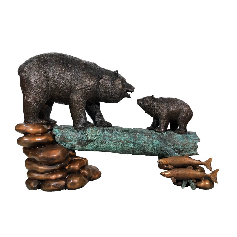 Sculpture bronze grande famille d'ours sur bûche