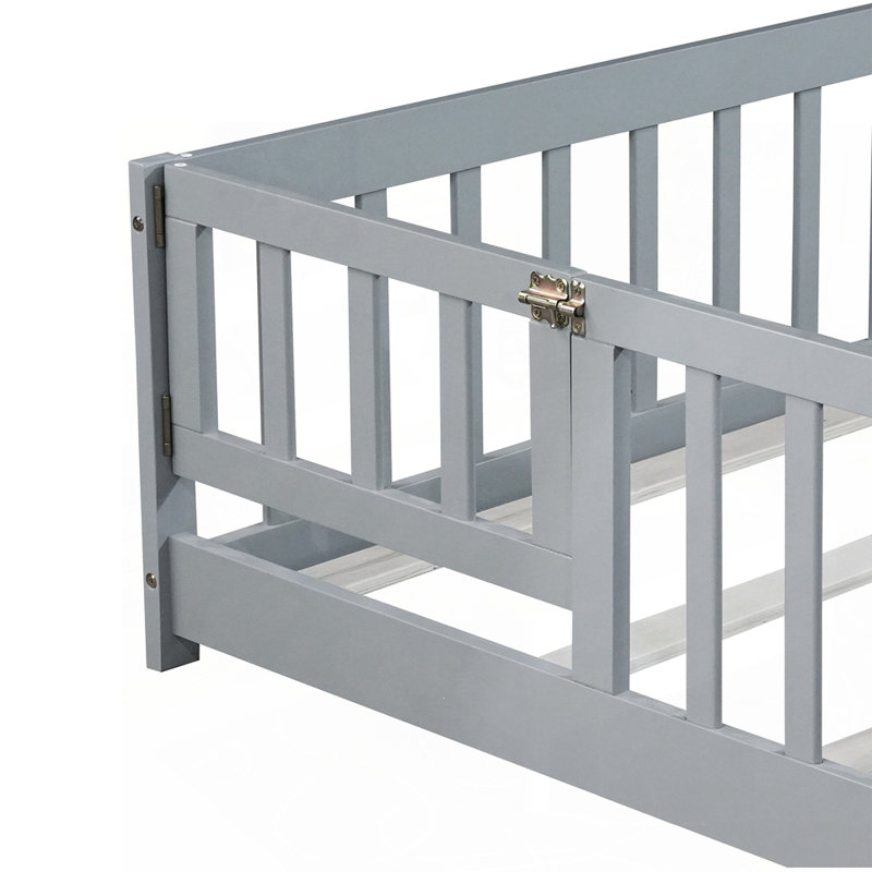 Lit de sol en bois d'hévéa polyvalent avec caractéristiques de sécurité et conception compacte, gris, Double