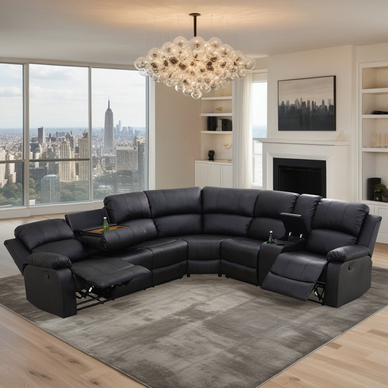 Black Semi PU Leather Recliner Sectional Set
