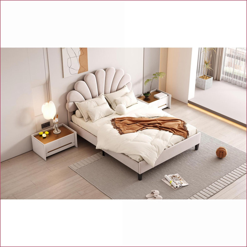Structure de lit double tapissier en velours avec tête de lit à motif floral - beige, sans sommier