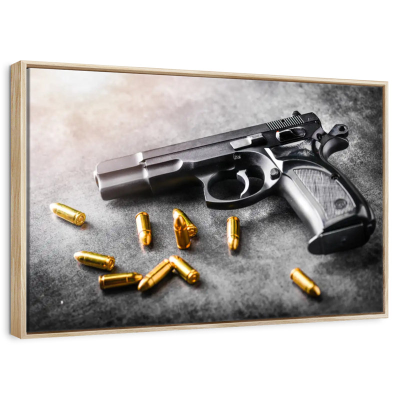 Handgun And Bullets, Floating Frame Natural Wood, 43" X 29"