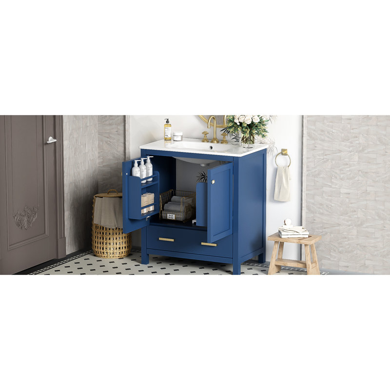 Armoire de rangement de salle de bain bleue 30 po. Lavabo en bois massif et en céramique. Portes, meuble-lavabo contemporain. Structure, surface. Lavabo simple avec options. Charnières, style