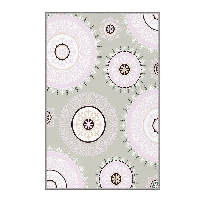 Tapis rose / vert en polyester tissé à la machine Woodsburgh, Rectangle 2 pi 7 po x 4 pi 11 po
