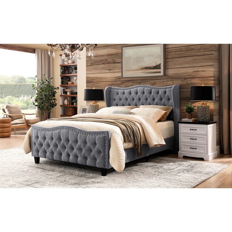 Royale Diamond-Tufted Upholstered Bed Frame, Gray