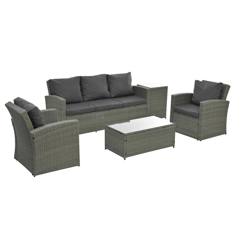 Mobilier de patio 5 gris foncé: PE avec table et plateau en verre trempé