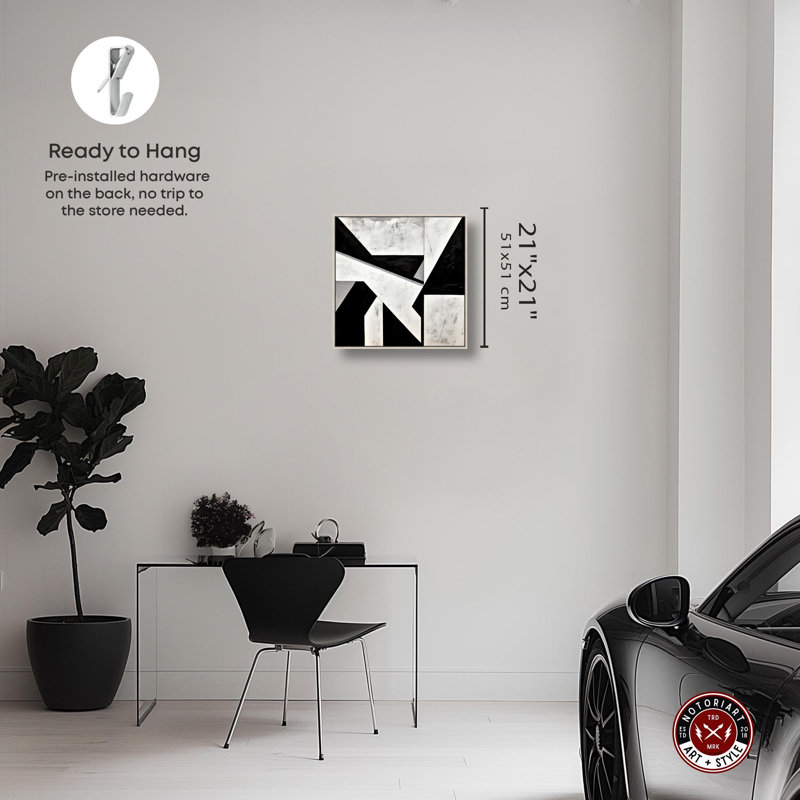 «Cubos Abstracts Canvas», art abstrait noir et blanc par Notoriart, Cadre argenté, H 13 po x l 13 po