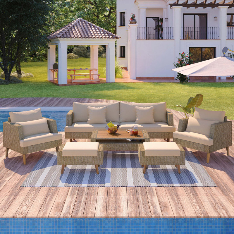 Luka Outdoor 6-Piece PE Rattan Conversation Set with Cushions, Brown