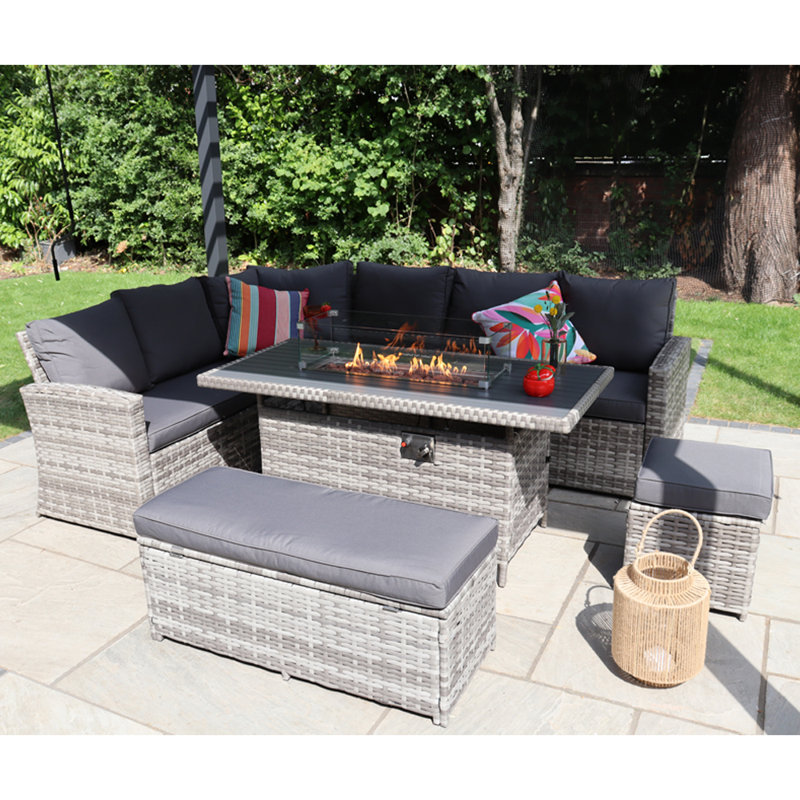 Werchter 9 Seater Corner Sofa Set with Fire-Pit Dining Table with Storage Box, Grey