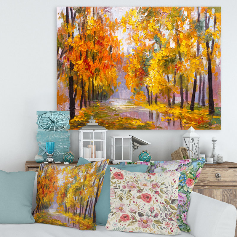 Forêt pleine de feuilles tombées en automne - peinture sur toile, H 30 po x l 40 po x 1,5 po, Toile tendue