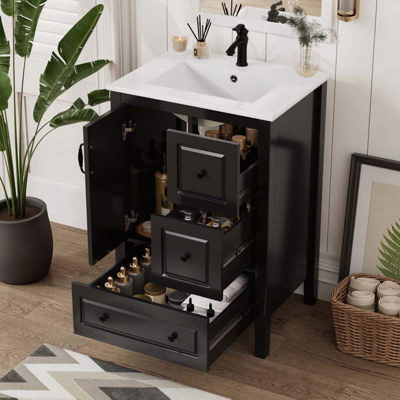 Meuble-lavabo avec lavabo, armoire et tiroirs, Noir