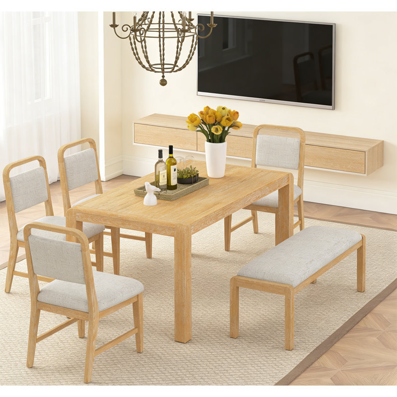 Ensemble de table de salle à manger vintage extensible pour 4 à 6 personnes avec 4 chaises rembourrées et banc, Naturel