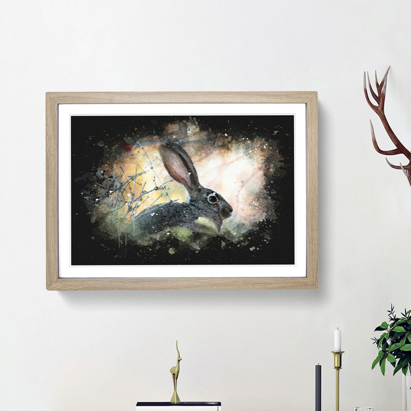 Hare in the Bushes - Picture Frame Graphic Art Print, 33cm H x 45cm W x 2cm D, Oak Framed