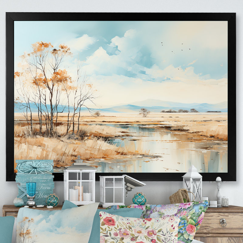 Beige Scerene Meadow Stream Harmony sur toile, H 30 po x l 40 po x P 1,5 po, Cadre simple noir