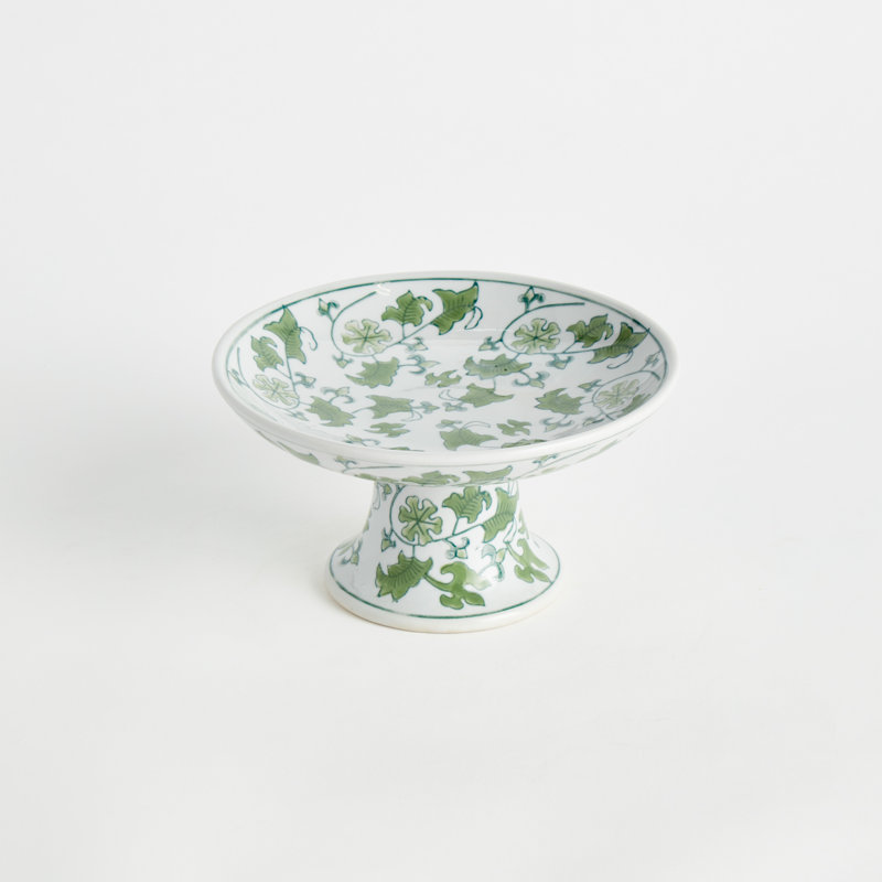 Celadon Ceramic Chinoiserie Green and White Imperial Foliage Compote Small, Small