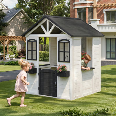 45"W x39"D Outdoor Wooden Playhouse For Kids, Outdoor Garden Pretend Play Games, Adventure Cottage, With Working Door, Windows, Service Station, Flowers Pot Holders