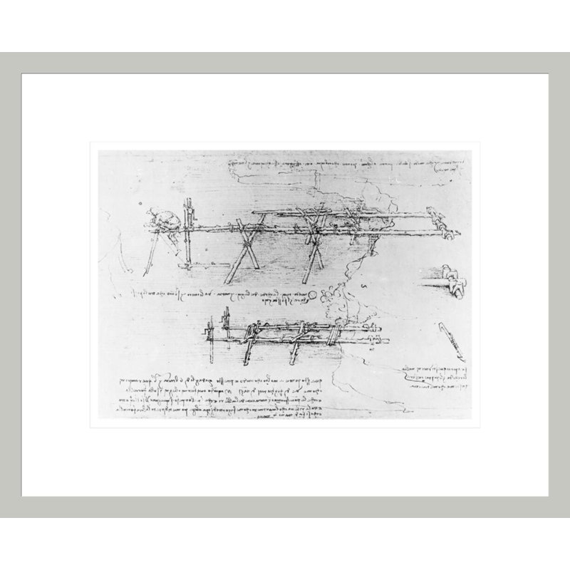 Construction d'un pont d'échafaudage 16v-a from the Codex Atlanticus 1478-1519 (pen & amp; encre sur papier) par Leonardo Da Vinci, impression giclée encadrée