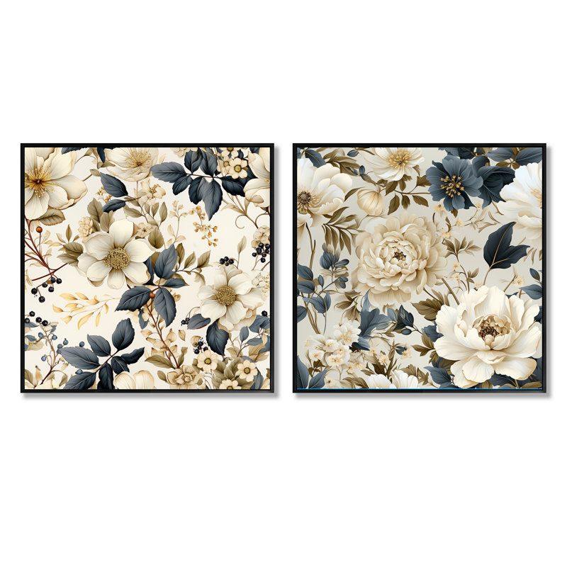 Ensemble de 2 colliers floraux à motif floral System, Cadre flottant noir, H 36 po x l 73 po