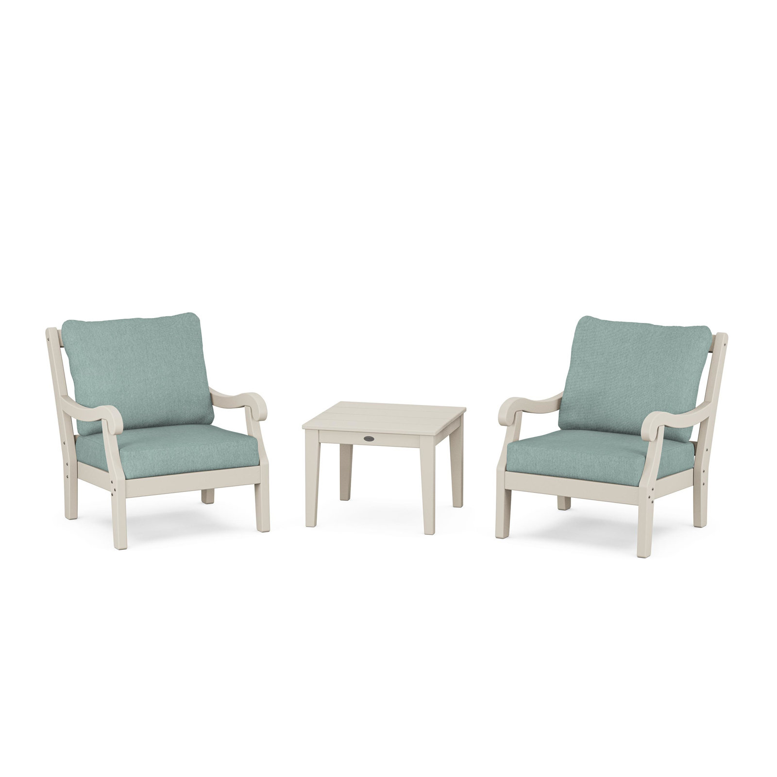 POLYWOOD® Verlyn 2-Person Patio Seating Group, Glacier Spa Cushion/Sand Frame