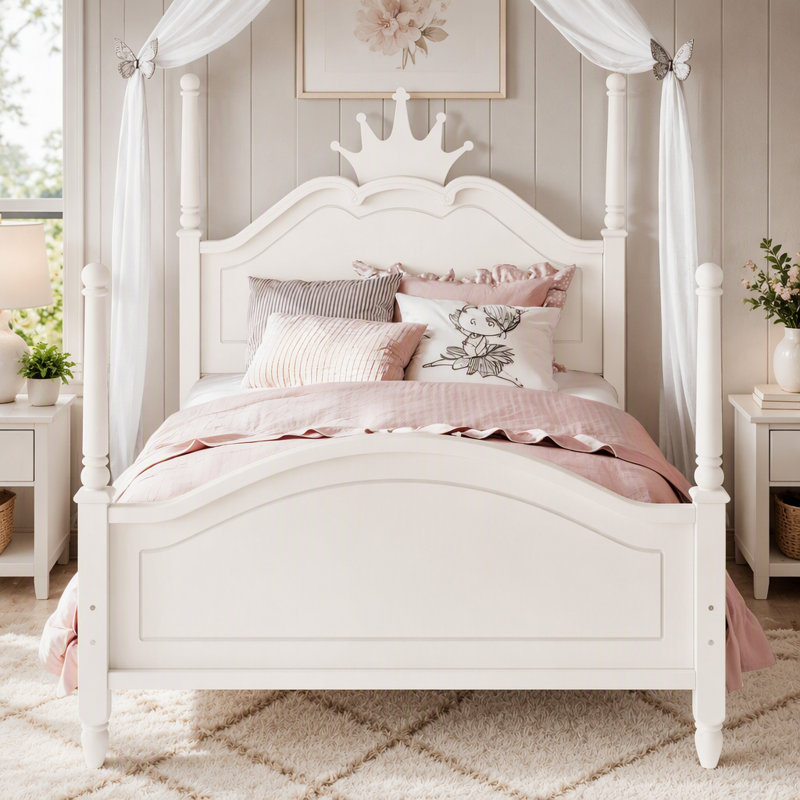 Lit plateforme en forme de couronne avec cadre à baldaquin et tête de lit incurvée, Beige