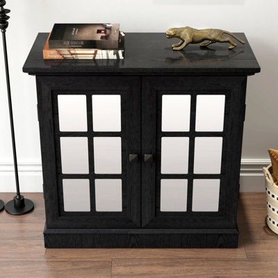 Garde-manger avec 2 portes en miroir en acrylique, tablette ajustable, haute densité, finition noire polyvalente, portable, poignées en métal d'unité de rangement de salon à faible entretien, grain de bois 3D,