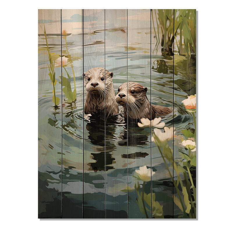 Otters Playtime - Animal côtier sur bois, H 32 po x l 24 po