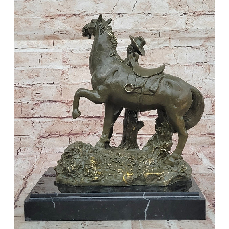 Sculpture de cow-ball avec cheval de cabaret en bronze - art équestre Western Ranch