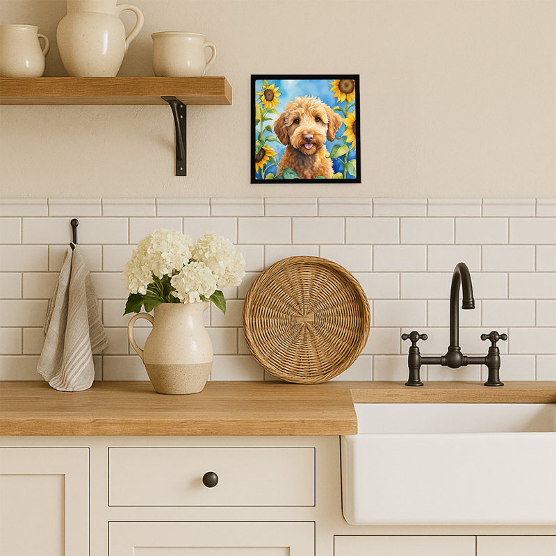 Labradoodle in Sunflowers Framed Metal Print