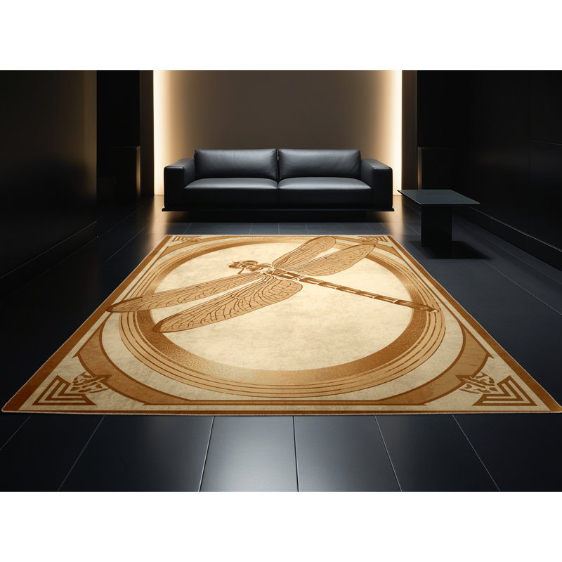 Machine Washable Peirsen Dragonfly Art Deco Arc Rug in Beige – Beige Binding, 8x12