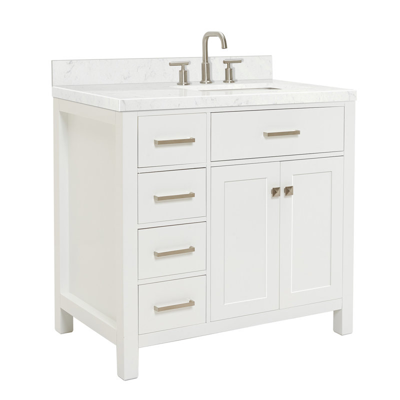 Meuble-lavabo à simple cuve Macnair 8_ARIEL avec quartz Carrara blanc Bristol, Rectangulaire, Blanc, 36"