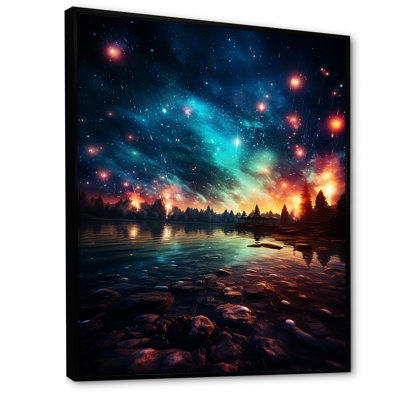 Feux d'artifice vert et rouge au bord du lac I - Art mural