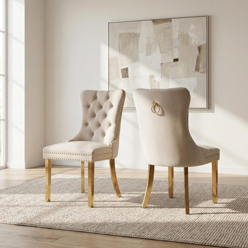 51 cm H Velvet Wing Back and Full Back Side Chair, Beige
