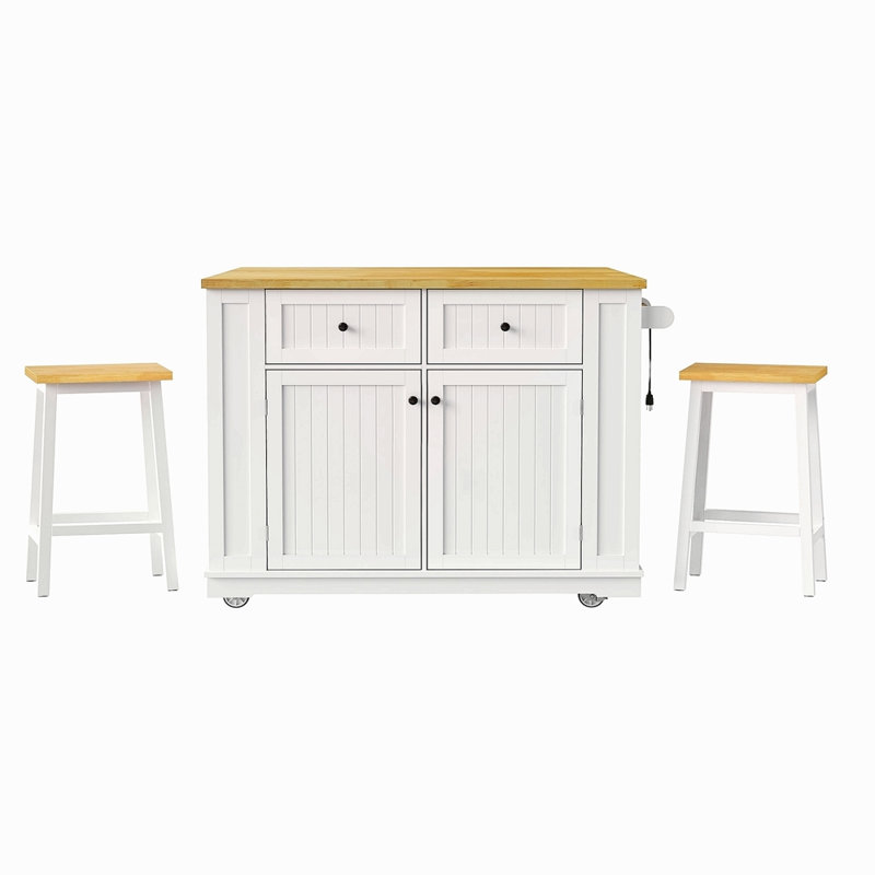 48Inch Large Kitchen Island With 2 Bar Stools, Power Outlet, Door Internal Storage Rack, Kitchen Storage Cart On 5 Wheels With Drop Leaf, 5 Open Side Racks, 2 Drawers,For Kitchen,Dining Room
