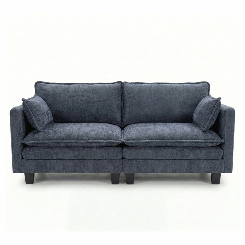 Canapé-lit moderne en chenille bleu-gris, canapé compact à 2 places avec deux ports de chargement USB et poches latérales, petit canapé pour chambre, bureau et appartement.