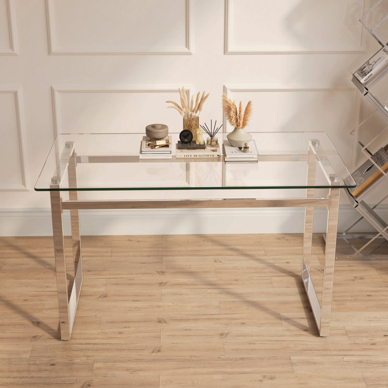 51" Modern Minimalist Rectangular Glass Dining Table 0.31" Tempered Glass Top Silver Chrome Metal Legs 4-6 Person, Silver