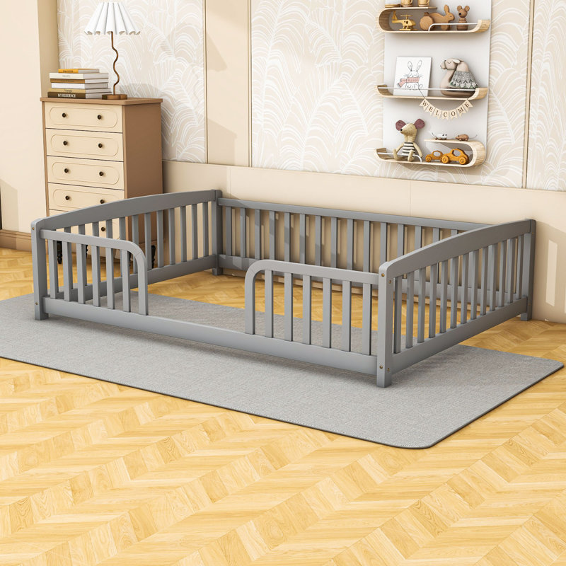 Lit multifonctionnel en bois avec clôture, Lit double, Grey