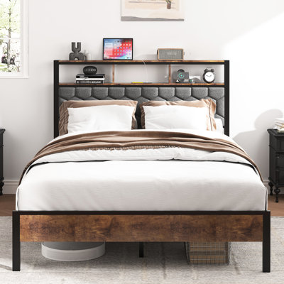 Brown Wooden Bed Frame For Full Size, With Bedside 2 Usbs, A Comfortable Vintage Shelf Headboard, And Large - Volume Under Storage Size In Brown, Metal Wood Combination, Noise Headboard