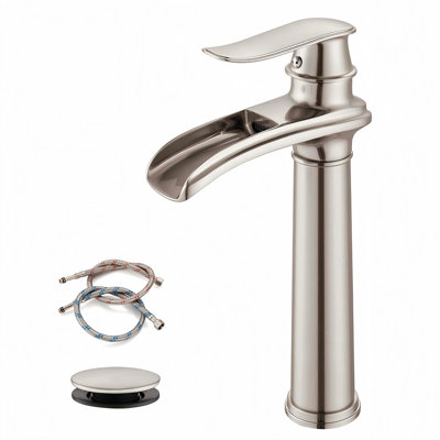 Waterfall Single Handle Single Hole Tall Spout Bathroom Vessel Sink Faucet With Pop-Up Drain Assembly In