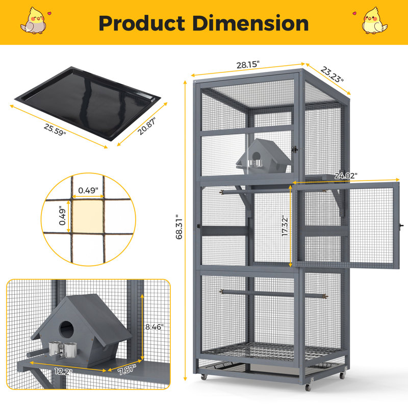 Wood Bird Cage With Universal Wheels-Gray