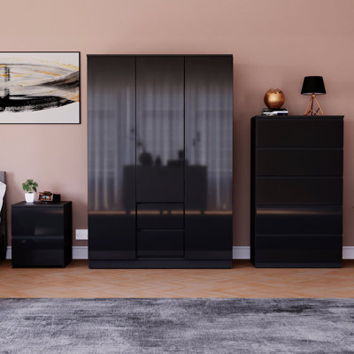 Oslo 3 Piece Bedroom Set (2 Drawer Bedside Chest, 5 Drawer Chest, 3 Door 2 Drawer Wardrobe), (100% FSC)
