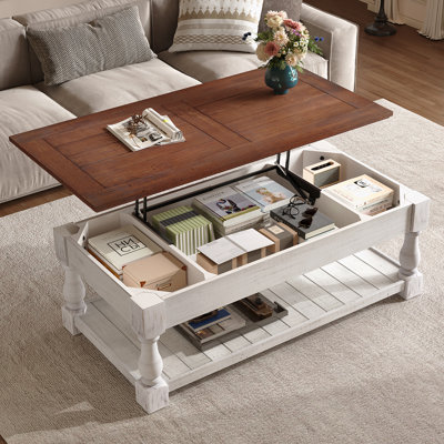 Table basse à plateau relevable rétro avec rangement pour le salon, compartiment caché et tablette inférieure, fini espresso et blanc vieilli