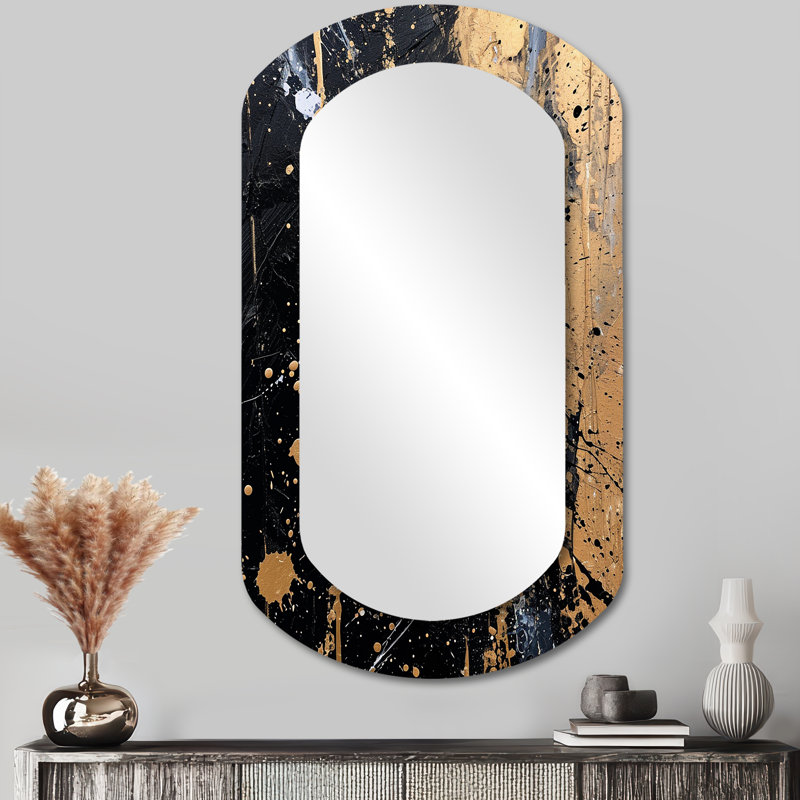 Spatter Explosion Gold Black - miroir asymétrique abstrait, miroir mural décoratif cylindre doré, impression sur métal