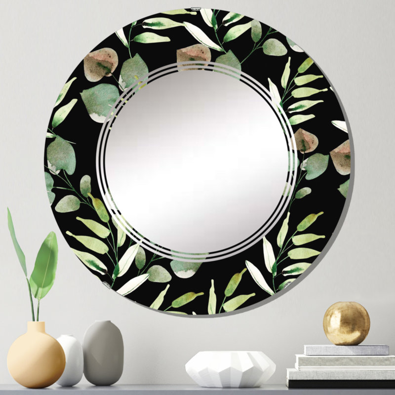 Feuilles vertes tropicales sur fond noir - miroir mural tropical, 24 po x 24 po