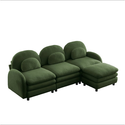 Teddy Fabric Cloud-like 4-Seat Sofa,Curved Backrest and Armrest with Curved Lumbar Pillows, Sectional 4 Seater Modular Couch with Movable Ottoman and Supportive Double-layer cushion