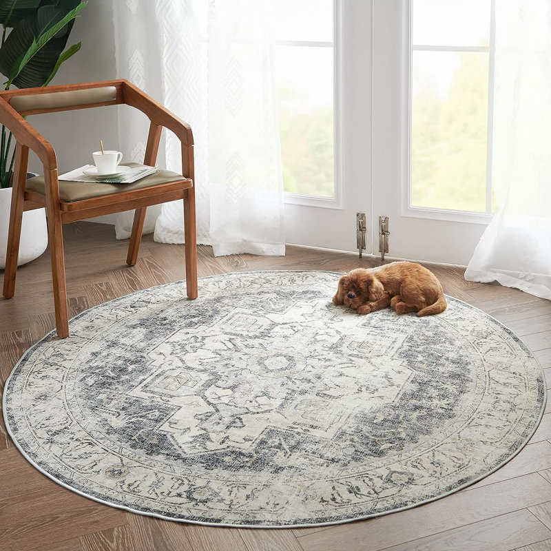Tapis d'intérieur lavable Rach marocain en chenille Mashine avec envers antidérapant gris médaillon, Medallion Grey