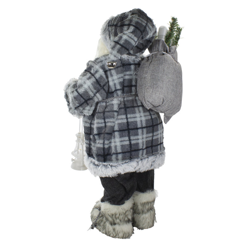 24" Gray Plaid Santa Figurine with Lantern and Faux Fur