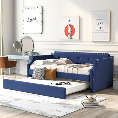 Upholstered Daybed with Trundle, Wood Slat Support,Upholstered Frame Sofa Bed , Twin,Blue