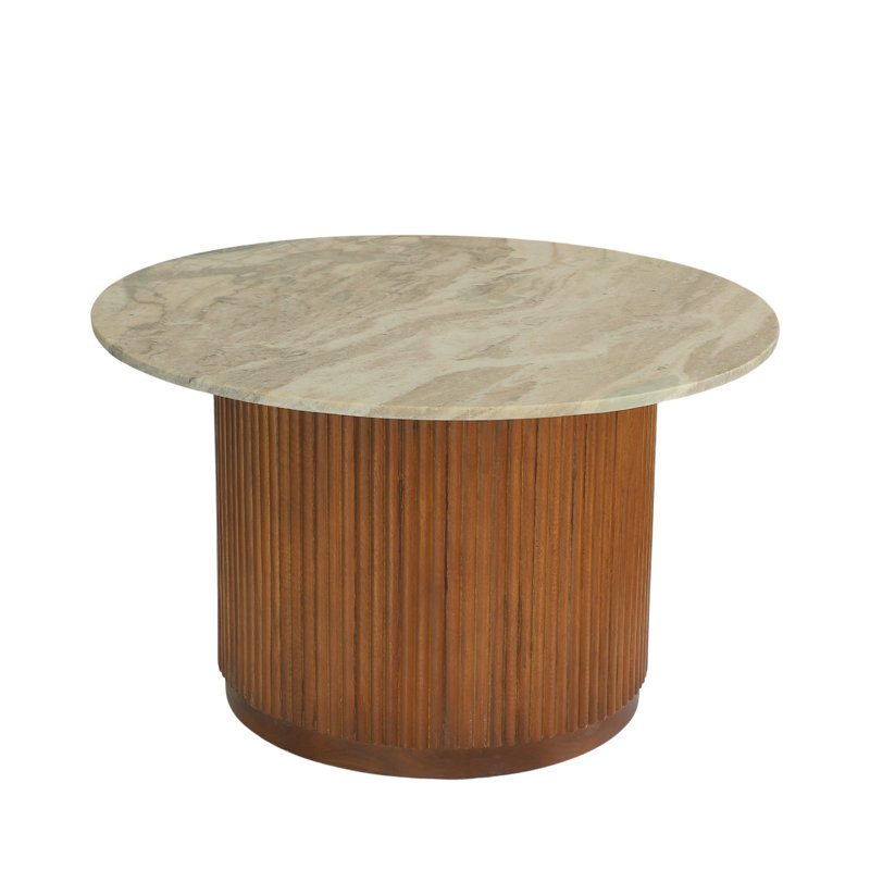 Elena Marble Top Coffee Table with Solid Wood Fluted Base, Beige/Brown