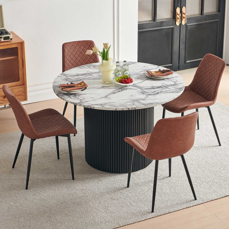 4-Person Dining Set, Brown, White Marble