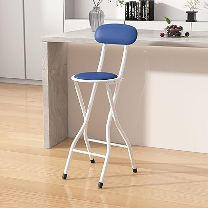 Upholstered Counter Stool with Metal Frame, Blue/White